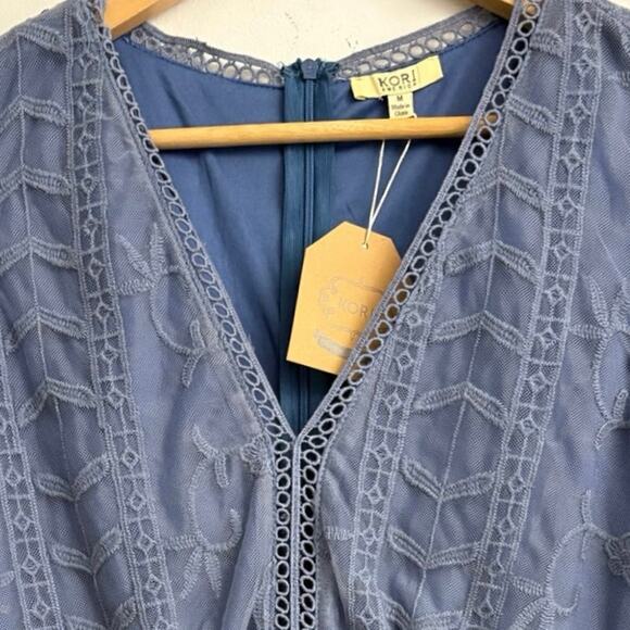 Kori America Dusty Blue Lace Romper V-Neck Flutter Sleeve Size M NWT Feminine - Picture 6 of 9